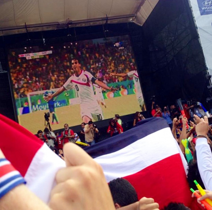 La Sele, slang for the Costa Rican national soccer team, advanced to the World Cup quarter-finals in 2014. Kathy from George Washington University watched from downtown San José and caught this post-goal reaction from the excited crowd